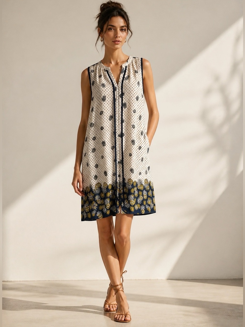 Naif White Sleeveless Button-Front Dress with Navy & Yellow Floral Border